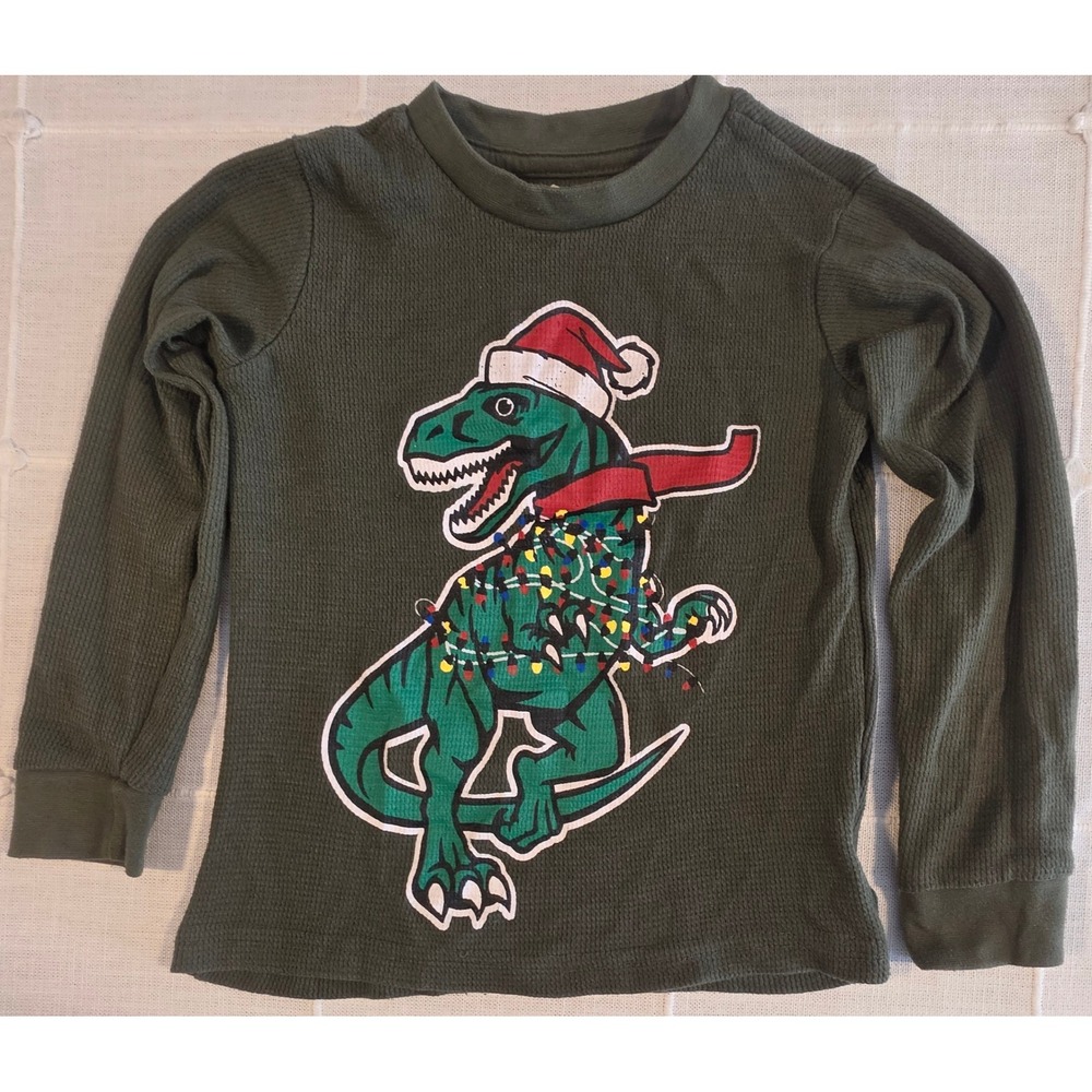 Boys Olive Green Christmas T-Rex Waffle Knit Thermal Long Sleeve Shirt Size 6